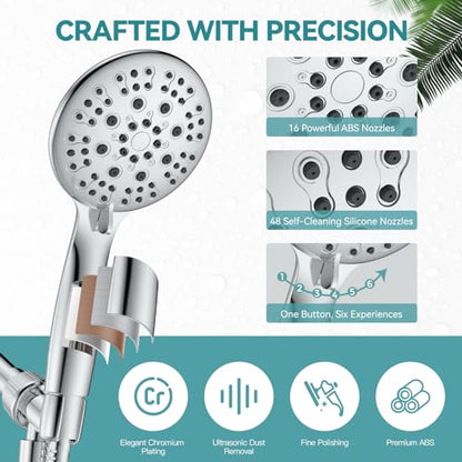 High Pressure Shower Head with Handheld, JDO 6 Spray Settings Handheld Showerhead, 4.3" High Flow Rain Showerhead Set with 59" Stainless Steel Hose and Adjustable Bracket for Bathroom, Gym, Hotel | 4.3-inch high flow head, 59-inch stainless steel hose, ad