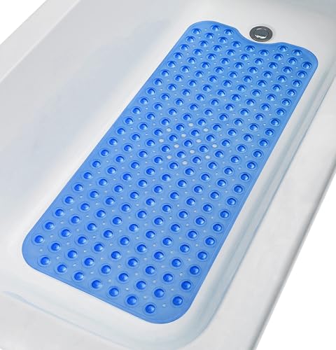 Extra-Long Non-Slip Bathtub & Shower Mat 39”x16” (Smooth/Non-Textured Tubs Only) Safe, Clean, Machine-Washable, Superior Grip&Drainage, Vinyl, Transparent Blue - color: Transparent Blue, size: 39" x 16" (Rectangular)