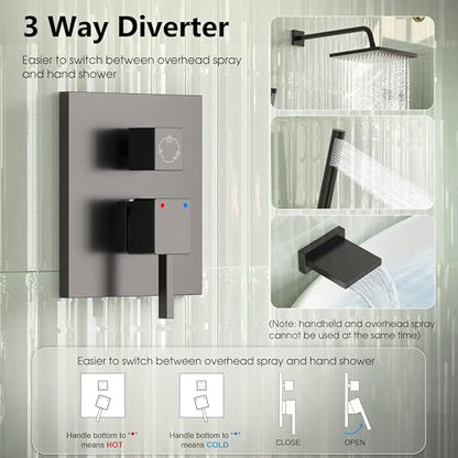 Esnbia Shower System with Tub Spout,Black Bathtub Shower Faucet Set,10 Inches Rain Shower Heads with Handheld Spary Combo, Tub Shower Kit with 3-Way Shower Valve, Matte Black - color: Matte Black