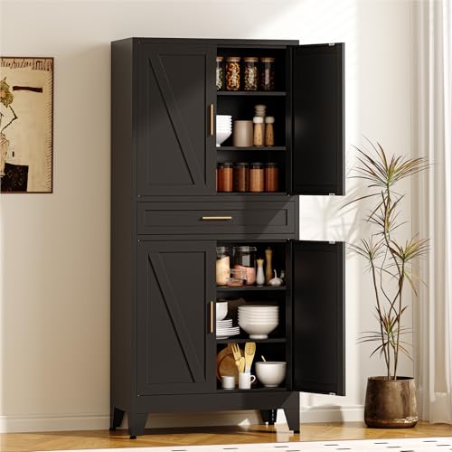 COFaR 71" Metal Pantry Cabinet with Drawer, Black Storage Cabinet with Adjustable Shelves, 3-Section Industrial Cupboard for Kitchen & Office - color: Black, size: 71"H 6 Tiers & Drawer