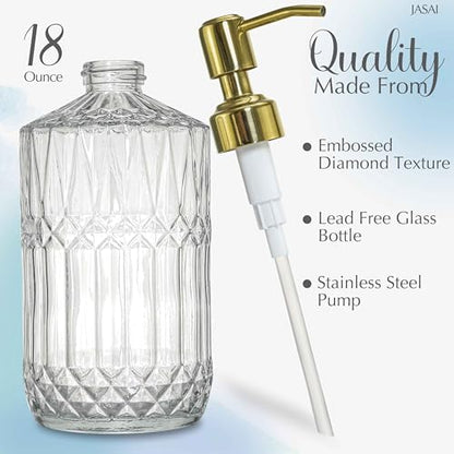 JASAI 18Oz Dazzling Clear Glass Soap Dispenser with Gold Pump for Bathroom | Refillable Kitchen soap Dispenser for Dish Soap, Bathroom Soap Dispenser for Hand Soap, Lotion, Liquid Soap. - color: Clear-golden Pump, style: Dazzle