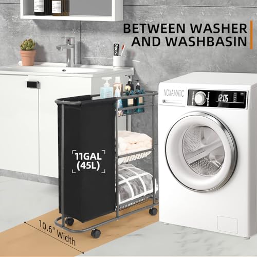 3-Tier Rolling Laundry Cart with Wheels and 45L Bag, Black | Between Washer and Dryer, Heavy Duty, For Narrow Space Laundry Room Bathroom Bedroom - color: Black