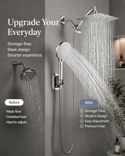 10 Inch Rainfall Shower Head with Handheld Combo and Extension Arm | Large rainfall shower head set with handheld sprayer, 11 inch adjustable arm, 59 inch hose, standard 1/2 inch wall connection - color: Polished, size: 10 Inch
