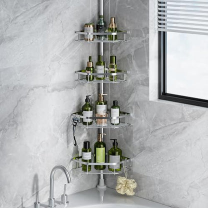 LAMU Corner Shower Caddy Tension Pole, 4-Tier Stainless Steel Organizer | Fits 38-124in Heights, Shower Shelves with No Drilling & Strong Spring Tension, Holds Up to 26lbs, Bathroom, Bathtub, Dorm