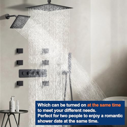 Thermostatic Shower System Dual 16" Ceiling & 8" Wall Mounted Rain Shower Heads, 4 Function, Matte Black - color: Matte Black