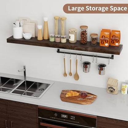 Floating Shelves for Wall, 56in Reclaimed Elm Wood Shelves, Walnut | 8" Deep Wall Shelf, Invisible Bracket, Large Long Wall Mounted Shelves, Living Room, Bedroom, Kitchen, Bathroom - color: Walnut Flat Edge, size: 55 inches - 1P