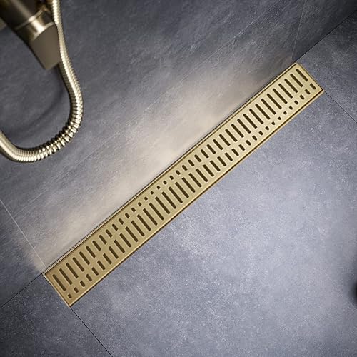 Sharp-tec 24 inch Linear Shower Drain, Gold Rectangular Floor Drain, V-Shape Design Drain Channel, 304 Stainless Steel, cUPC Certificated for Bathroom Shower Room (Drain Base is Not Included) - color: Gold, size: 24 inch