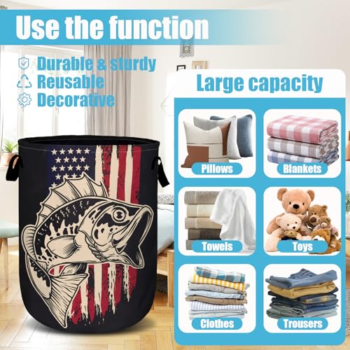 American Flag Bass Fish Laundry Basket, Laundry Hamper Collapsible Oxford Cloth with Handle Clothes Storage Bin for Bathroom Laundry Room Bedroom 15.7 X 20 Inch - color: American Flag Bass Fish