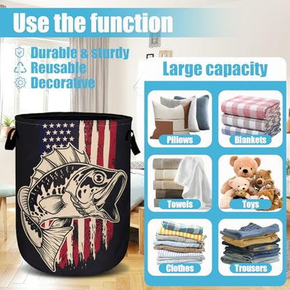 American Flag Bass Fish Laundry Basket, Laundry Hamper Collapsible Oxford Cloth with Handle Clothes Storage Bin for Bathroom Laundry Room Bedroom 15.7 X 20 Inch - color: American Flag Bass Fish