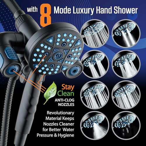 AquaCare Polaris 208-mode High Pressure Shower Head Combo with Hydro Arms | Luxury 3-way 14-zone System with 370 Stay-clean Power Jets, Handheld Magnetic Docking & 6 ft. Stainless Steel Hose / Black - color: Matte Black