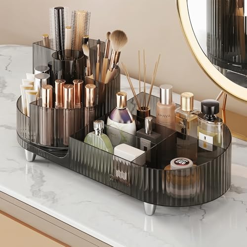 Booklov Rotating Makeup Organizer for Vanity Countertop, Smoke | Clear Acrylic Cosmetic Display Case, Large Beauty Brush Holder for Bathroom Counter, Skincare Lipsticks Storage - color: Crystal Black