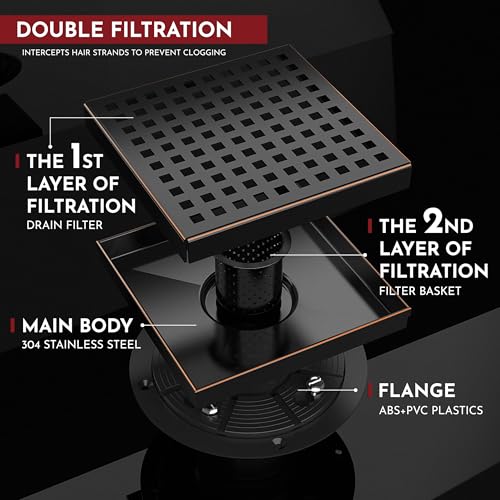 6 Inch Square Shower Drain Bronze Floor Drain with Flange Square Holes Pattern Cover Grate Removable SUS304 Stainless Steel Watermark&CUPC Certified Oil Rubbed Bronze - color: Oil Rubbed Bronze, size: 6 Inch