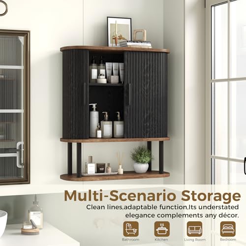 Fluted Bathroom Wall Cabinet, Wall Mounted Medicine Cabinet with Sliding Tambour Door & Adjustable Shelf, 3-Tier Over the Toilet Storage Cabinet for Laundry Room, Kitchen, Black - color: Black