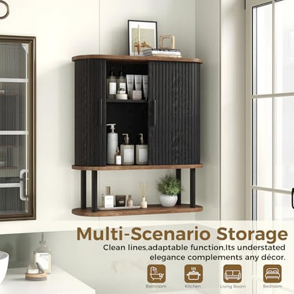 Fluted Bathroom Wall Cabinet, Wall Mounted Medicine Cabinet with Sliding Tambour Door & Adjustable Shelf, 3-Tier Over the Toilet Storage Cabinet for Laundry Room, Kitchen, Black - color: Black