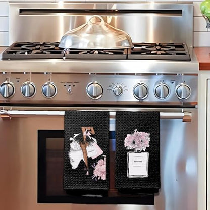 Black & Pink Hand Towels (Set of 2) - Flower Design for Bathroom - color: A - Black Base