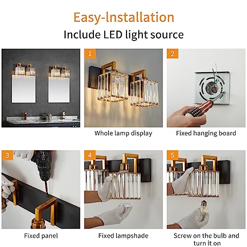 Modern Bathroom Vanity Light 2-Lights Black Gold Crystal Wall Lamp Bathroom Modern Crystal Vanity Lighting - color: Black+Gold Crooked, size: 2-light