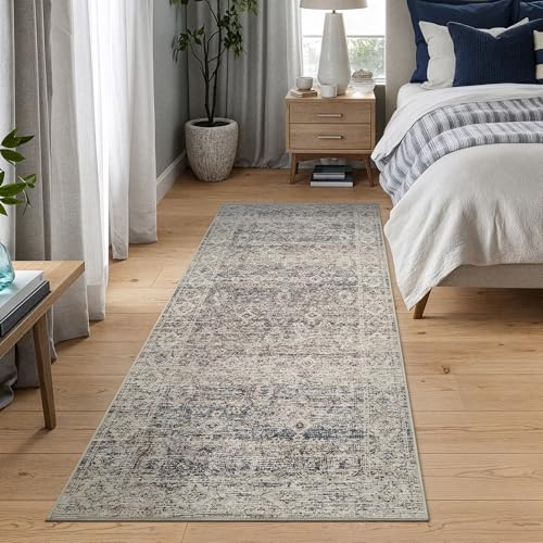 Bloom Rugs Caria Washable Non-Slip 7 ft Runner - Beige Brown/Teal Traditional Runner for Entryway, Hallway, Bathroom, and Kitchen - Exact Size: 2'6" x 7' - color: Beige Brown / Teal, size: 2'6" x 7' (Runner)