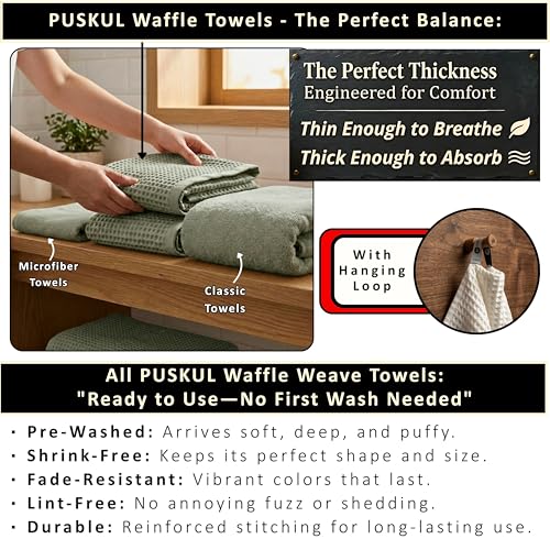 PÜSKÜL Natural 100% Turkish Cotton Waffle Towels Set of 4-Piece, Sage Green | 2-Bath sheet (Extra-large 32x63") and 2-Hand towel (Large 32x16"). Premium honeycomb-waffle weave, oeko-tex made in Turkiye. - color: Sage Green