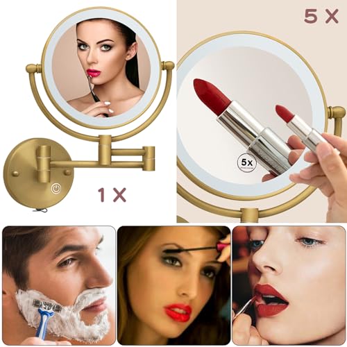 Wall Mounted Makeup Mirror with Lights and Magnification, Antique Brass | 8-Inch, Close Vanity, 1X/5X, 2 Sided, 3 Color LED Lighting, Extension Arm, Brushed Finish, Bathroom Arts Ware, USB Charging - color: Brushed Antique Brass