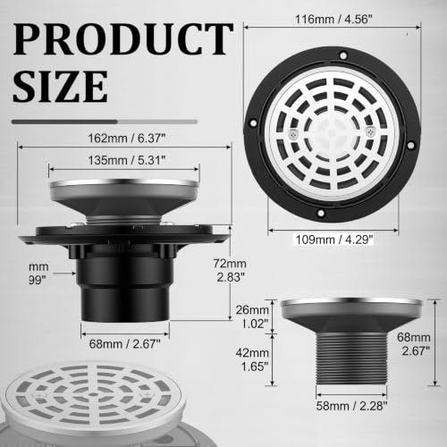 Lounsweer 2 Pack 4-1/4 Inch Round Shower Drain Brushed Nickel | Sus304 Stainless Steel with Removable Grid Grate Covers Adjustable PVC Base Flange for Bathroom Floor
