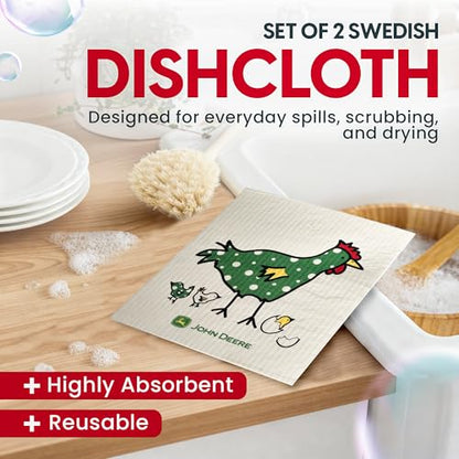 John Deere Chix Chickens - Swedish Dishcloth Reusable Towel Set for Kitchen | Biodegradable Absorbent Cleaning Washcloths for Dishes, Household Surfaces | Washable, & Quick Drying | 2-Pack - color: Chix Towle