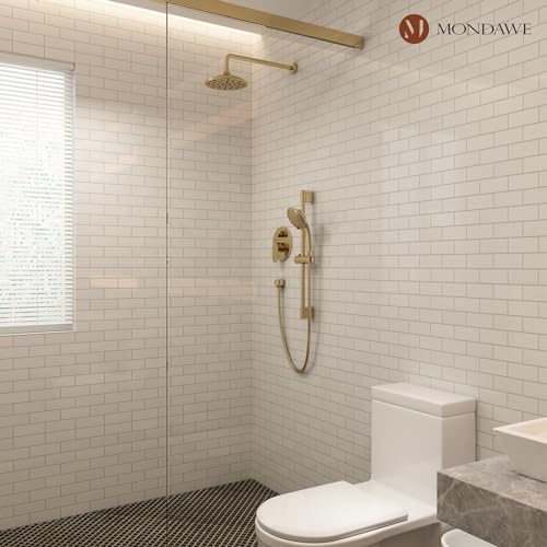 MONDAWE 8 Inch Wall Mounted Shower Faucet Set in Brushed Gold, Rainfall Shower Head with 3-Setting Handheld Spray Shower Set Combo, High Pressure Shower System with Solid Brass Valve - color: Brushed Gold, style: 8 IN - Without Tub Spout