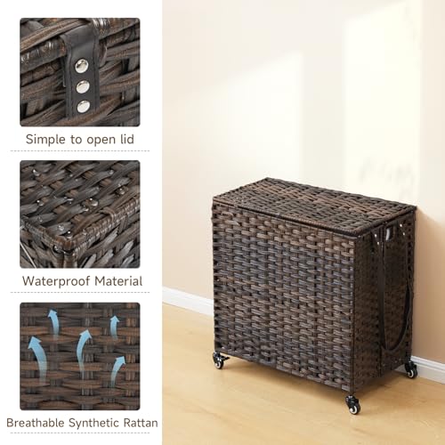 Laundry Hamper with Wheels, 34.3 Gallon(130L) Rolling Laundry Basket with Lid, Removable Large 2 Color Liners & 3 Mesh Laundry Bags, Clothes Hamper with Side Pocket, Brown - color: Brown, size: 23.62"L x 15.75"W x 21.65"H