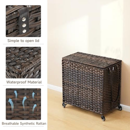Laundry Hamper with Wheels, 34.3 Gallon(130L) Rolling Laundry Basket with Lid, Removable Large 2 Color Liners & 3 Mesh Laundry Bags, Clothes Hamper with Side Pocket, Brown - color: Brown, size: 23.62"L x 15.75"W x 21.65"H