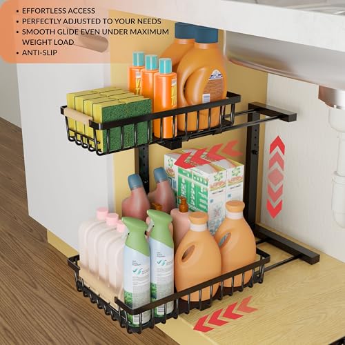 Under Sink Organizer with Pull-Out Drawers, 5-Level Adjustable Height 14"–17", 2-Tier Cabinet Storage, 4 Suction Cups, Nano-Grip Base, Sliding Baskets, Heavy-Duty Steel, Kitchen & Bathroom
