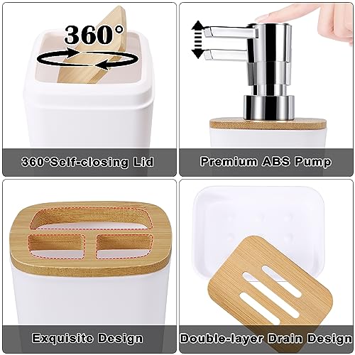 White Bathroom Accessories Set, 9 Piece Bathroom Accessory Set with Trash Can,Toothbrush Holder,Toothbrush Cup,Lotion Soap Dispenser,Vanity Tray,Soap Dish,Toilet Brush,Qtip Holder - size: Bath Set, style: White