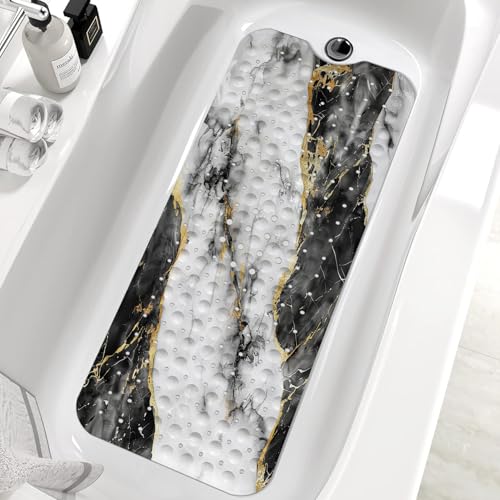 Marble Bath Tub Mat Non Slip, Blcak Gold White Marble Non Slip Bath Mat for Shower, Large Washable Shower Mats for Showers with Drain Holes and Suction Cups,40 X 16 Inch - color: Black White Marble