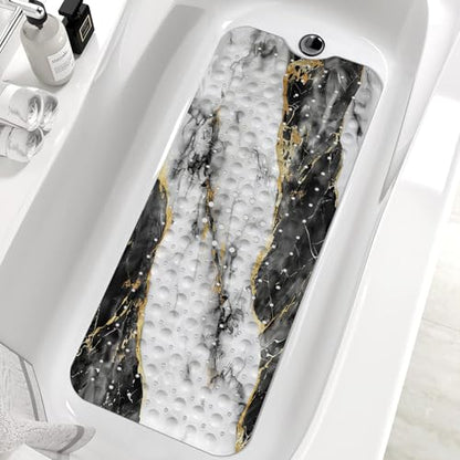 Marble Bath Tub Mat Non Slip, Blcak Gold White Marble Non Slip Bath Mat for Shower, Large Washable Shower Mats for Showers with Drain Holes and Suction Cups,40 X 16 Inch - color: Black White Marble