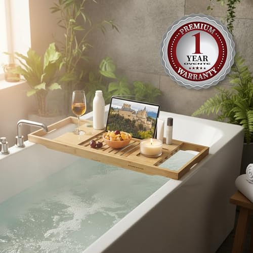 OVENTE Expandable Bamboo Bathtub Tray Caddy, Foldable Bath Tray, BTC20228 | With Book, Tablet, Phone & Wine Glass Holders, Bathroom Accessories & Home Spa Essentials, Easy to Store, Great Gift Idea