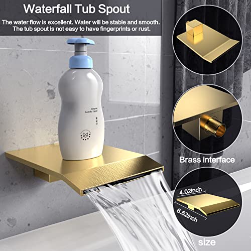 Brushed Gold Shower System Rain Faucet Set with Tub Spout, 12 inch | All-Metal Wall Mounted Bathroom Shower Faucet Set with Safe Pressure Balance Valve, Water Saving High Pressure Rainfall Head - color: Brushed Gold, style: 12in with Tub spout