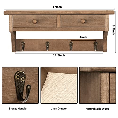 Emfogo Coat Hooks Mounted, Rustic Wood Coat Rack Mount Shelf with Hooks, Farmhouse Coat Rack with Shelf & Coat Hook for Entryway, Mudroom, Bedroom, Kitchen, Bathroom(Walnut) - color: Walnut