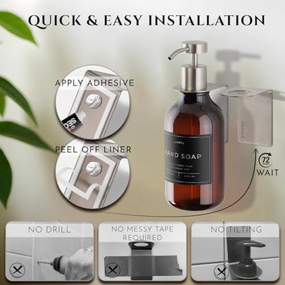 Shower Shampoo Dispenser Wall Mounted – Refillable 16.9 oz Amber Bottle with Stainless Steel Pump & No-Drill Adhesive Holder – Soap Dispenser for Bathroom (1 X Amber/Silver) - color: 1 X Amber/Silver