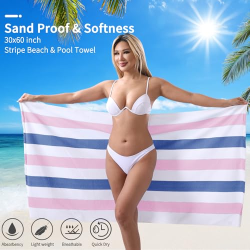 Beach Towel Set-4 Pack 30"x60" Sand Free Stripe Beach Towel for Pool,Bathroom,Soft Absorbent Quick Dry Lightweight Beach Bath Towel,Camping Blanket,Travel Towel,Beach Essentials for Adults,Pink/Blue - color: Blue/Pink