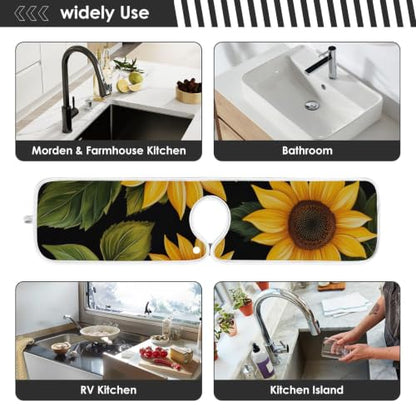 Sink Splash Guard Behind Faucet Mat for Kitchen Drain Mats Handle Drip Catcher Tray for Bathroom 24 inch Dish Drying Pad Sunflower Black Microfiber Pack of 2 - size: M23.6x5.5in x2