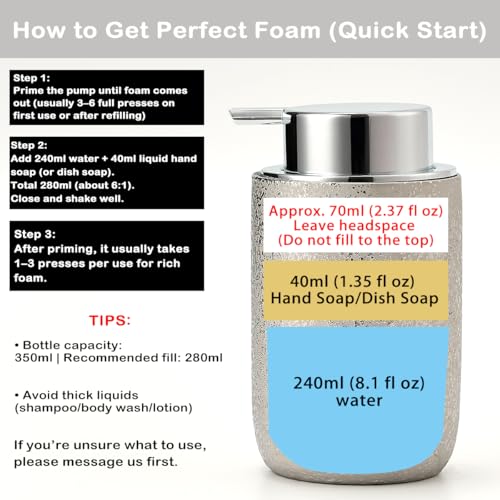 Speckled Silver Ceramic Foaming Soap Dispenser, 12 oz Refillable Foam Soap Pump Bottle for Bathroom Vanity, Kitchen Sink and Countertop - color: Platinum Silver