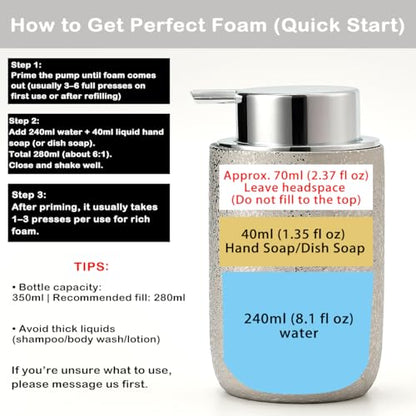 Speckled Silver Ceramic Foaming Soap Dispenser, 12 oz Refillable Foam Soap Pump Bottle for Bathroom Vanity, Kitchen Sink and Countertop - color: Platinum Silver