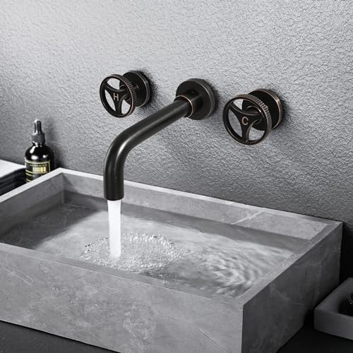SKOWLL Wall Mount Bathroom Faucet, Industrial Look, Widespread Oil Rubbed Bronze Bathtub Faucet 2 Round Handle Vanity Sink Faucet with 360° Rotates Spout - color: Bronze