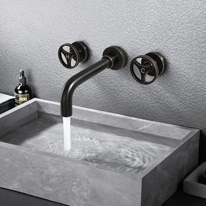 SKOWLL Wall Mount Bathroom Faucet, Industrial Look, Widespread Oil Rubbed Bronze Bathtub Faucet 2 Round Handle Vanity Sink Faucet with 360° Rotates Spout - color: Bronze
