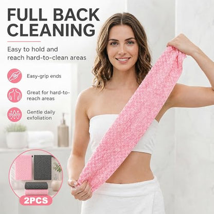 2 Pack Japanese Exfoliating Shower Towel Dual-Sided 3D Weaving | Extra Long 120cm Back Scrubber for Men Women(Black+Pink) - color: Black+pink
