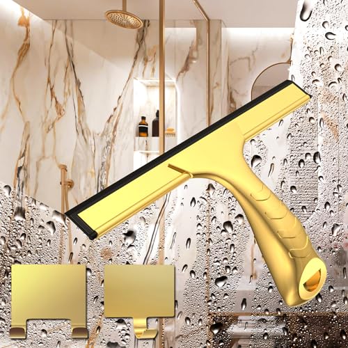All-Purpose Shower Squeegee for Shower Glass Doors with 2 Adhesive Hook, Stainless Steel Squeegee for Bathroom, Household Window, Mirrors, Tiles and Car Windows 10 Inches, Clear, Golden