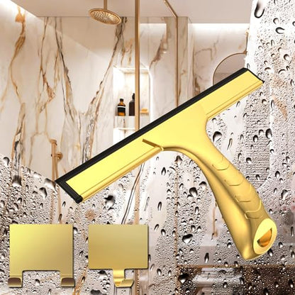 All-Purpose Shower Squeegee for Shower Glass Doors with 2 Adhesive Hook, Stainless Steel Squeegee for Bathroom, Household Window, Mirrors, Tiles and Car Windows 10 Inches, Clear, Golden