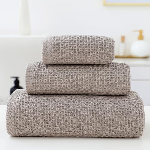 SK Studio 6 Piece Grey Bath Towels Set Cotton Waffle Bathroom Towels | 2 Bath Towels, 2 Hand Towels, 2 Washcloths Quick Dry for College Dorm, Spa - color: Grey