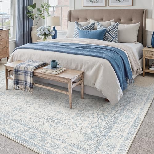 6x9 Light Blue Vintage Floral Washable Area Rug for Living Room | Low Pile, Non Slip, Retro Style, Soft Distressed Indoor Rug for Living Room, Bedroom, Dining Room, Office, Home Decor - color: Retro | Light Blue, size: 6' x 9' (Rectangular)
