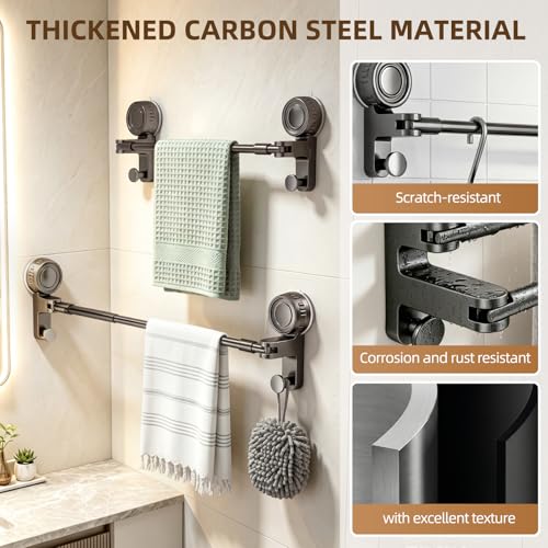 Adjustable Suction Cup Towel Bar, Grey, 20-34", 1-Tier | Extendable Carbon Steel Towel Racks, Space Saving, Bath Towel Holder with Hooks, No-Drill Mounted, For Bathroom Wall