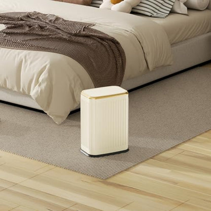 Bathroom Trash Can with Lid 8L/2.1 Gallon Beige Trash Can Small Garbage Can with Swing Top Lid Slim Stainless Steel Garbage Can with 100 Counts Trash Bags for Bathroom Bedroom Kitchen Office Toilet - color: Beige Stripe, size: Swing-Lid Trash Can