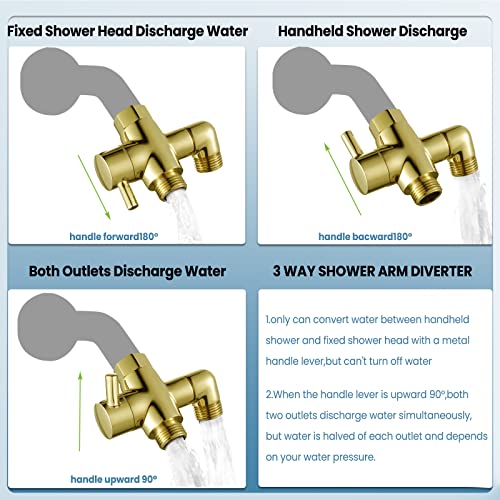 Brass Shower Diverter Valve for Handheld Shower Head and Fixed Spray Head G1/2 3 Way Universal Bathroom System Component Replacement Part, Polished Gold - color: Polished Gold
